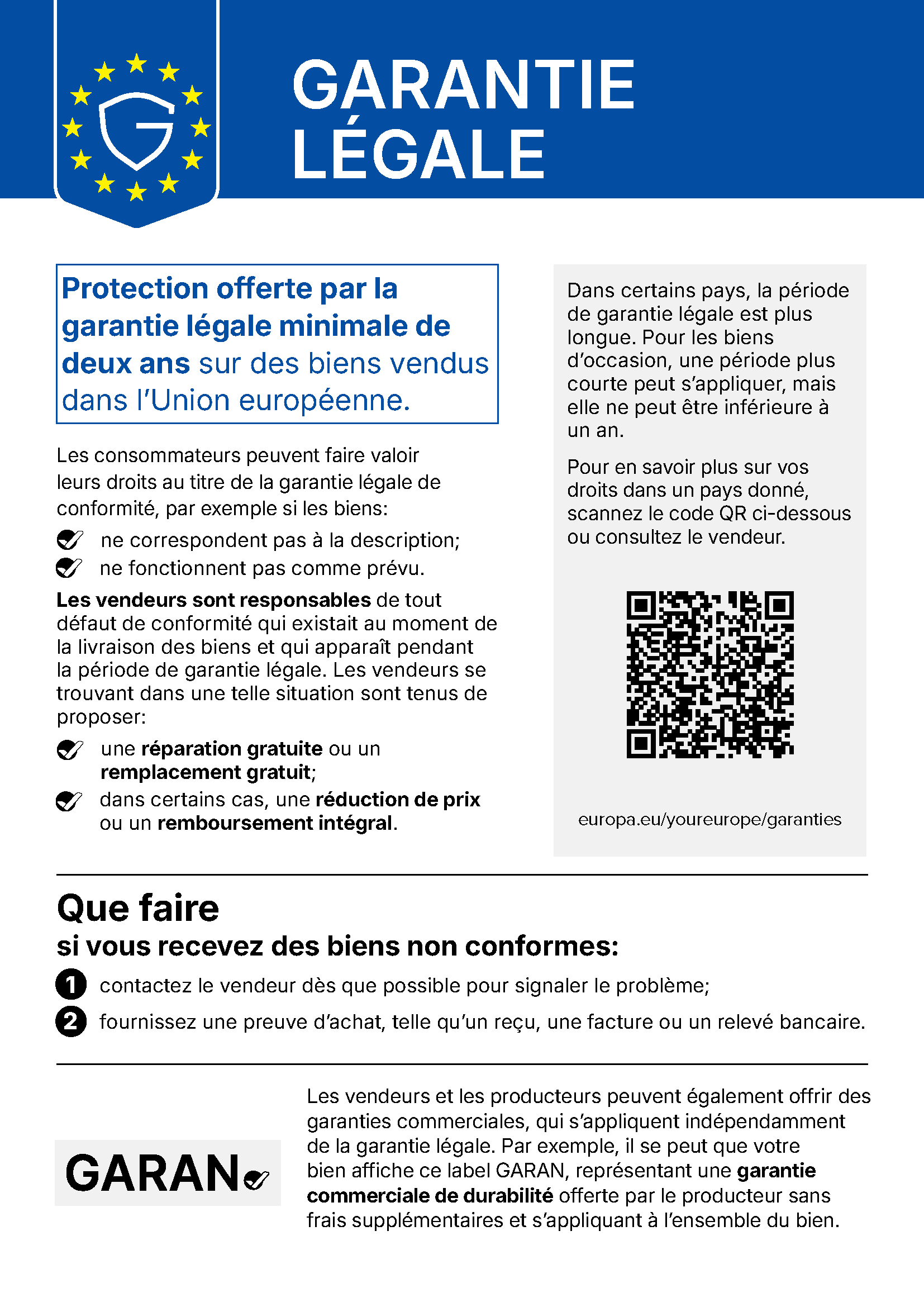 Notice officielle de l’Union européenne : garantie légale minimale de deux ans, réparation ou remplacement sans frais et recours en cas de bien non conforme.